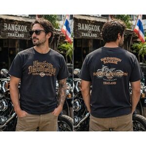 Harley Davidson Bangkok Thailand Tee Men's XXL Black 2-Sided Graphic Biker Tee